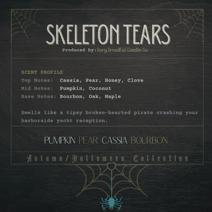 Skeleton Tears Crackling Wooden Wick Candle: Pumpkin Pear Cassia Bourbon Scent