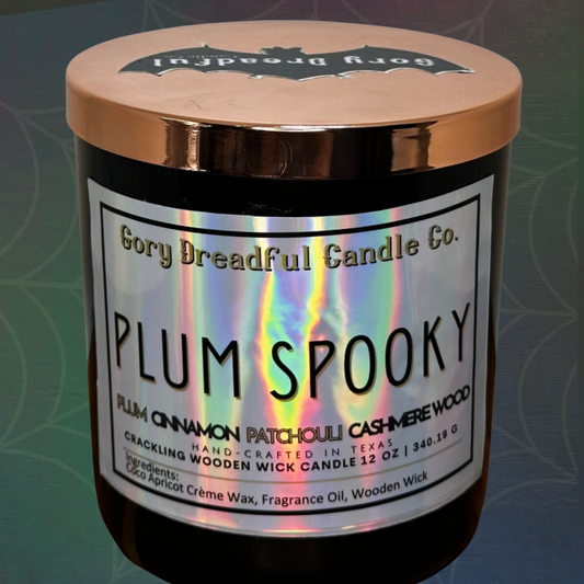 Plum Spooky Crackling Wooden Wick Candle: Plum Cinnamon Patchouli Leaf Cashmere Woods Scent