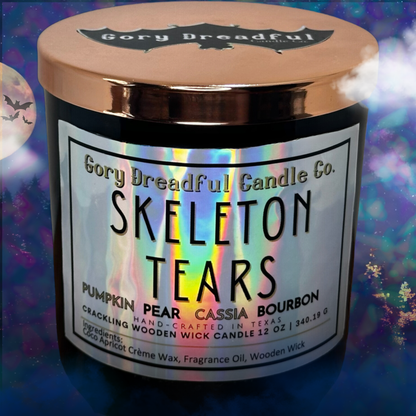 Skeleton Tears Crackling Wooden Wick Candle: Pumpkin Pear Cassia Bourbon Scent