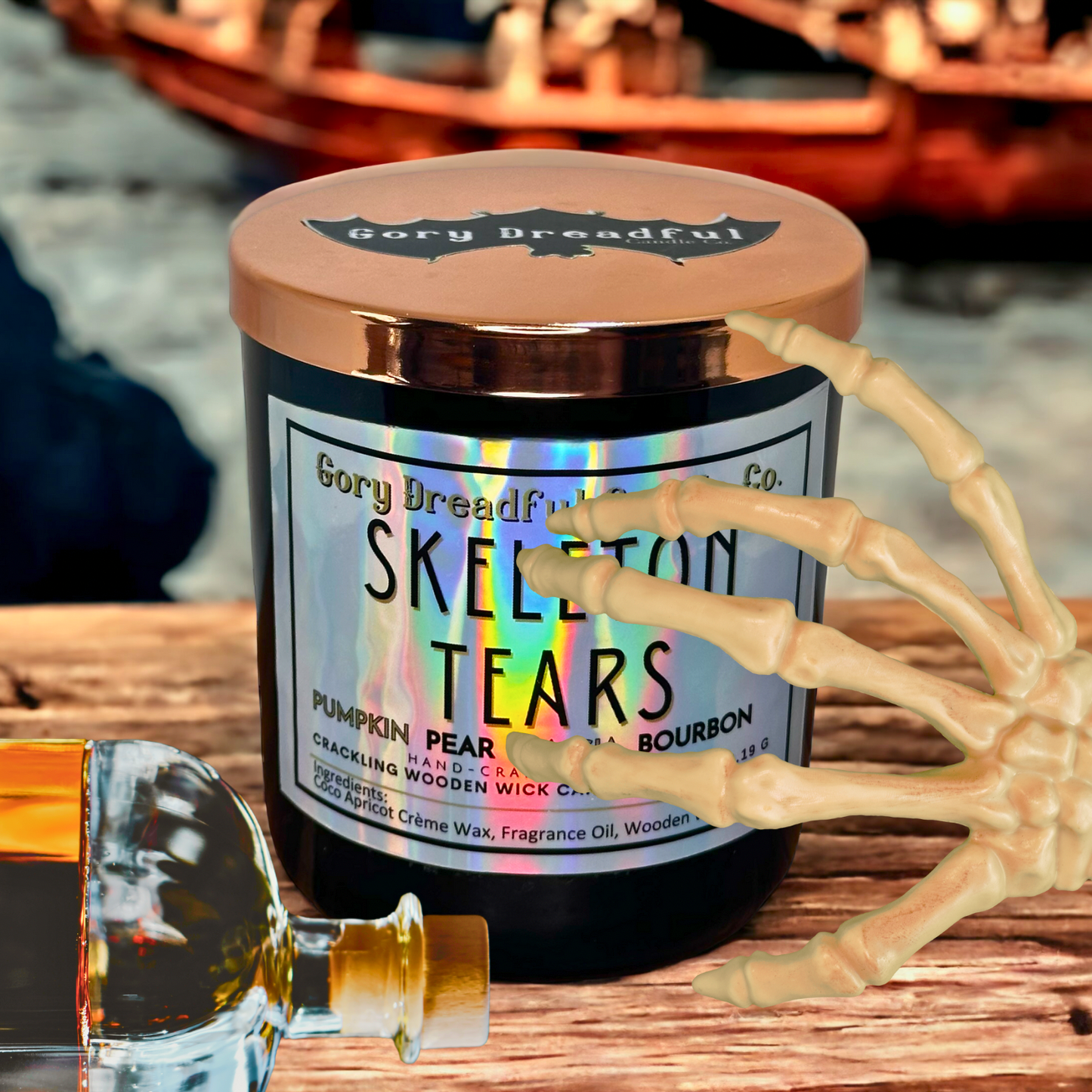 Skeleton Tears Crackling Wooden Wick Candle: Pumpkin Pear Cassia Bourbon Scent