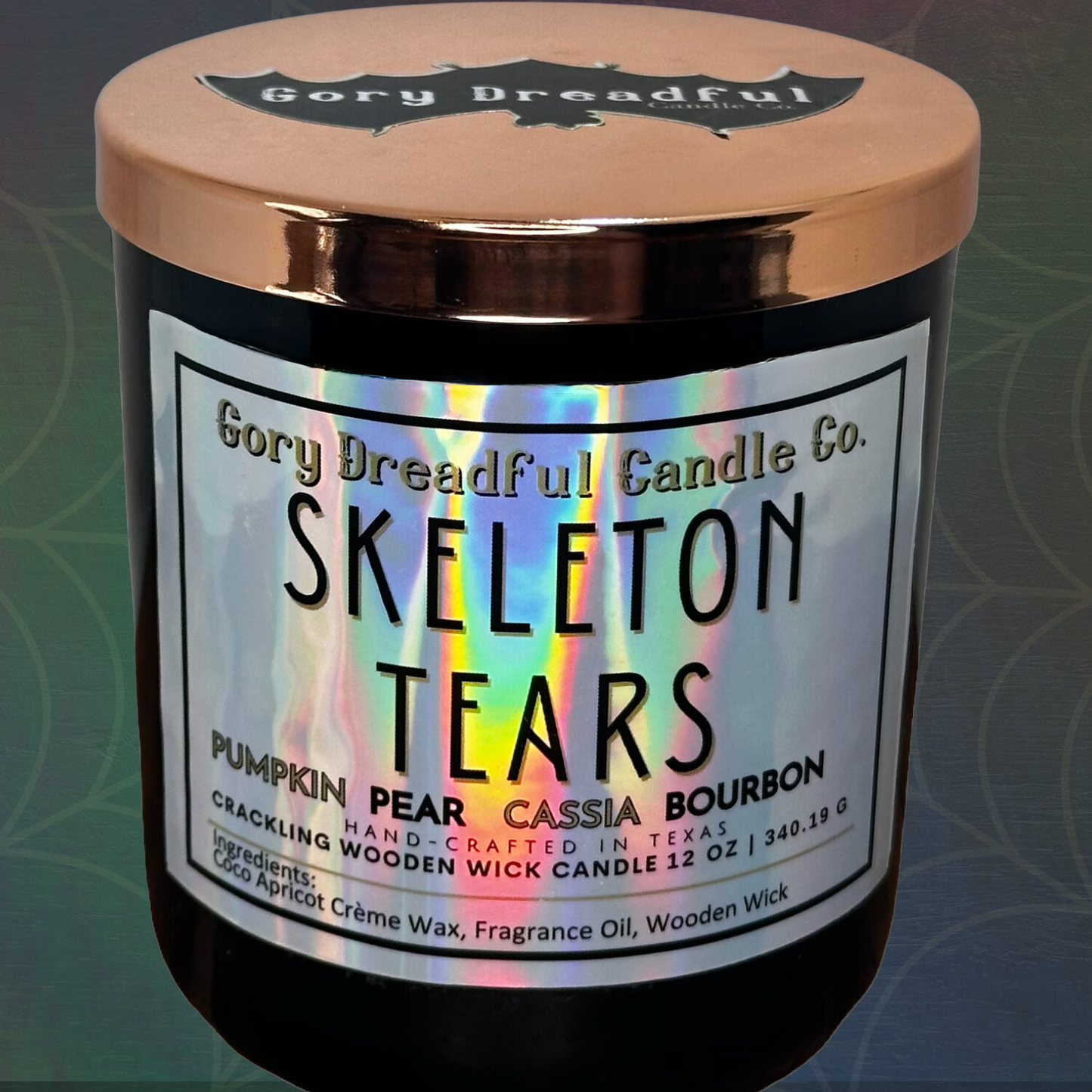 Skeleton Tears Crackling Wooden Wick Candle: Pumpkin Pear Cassia Bourbon Scent