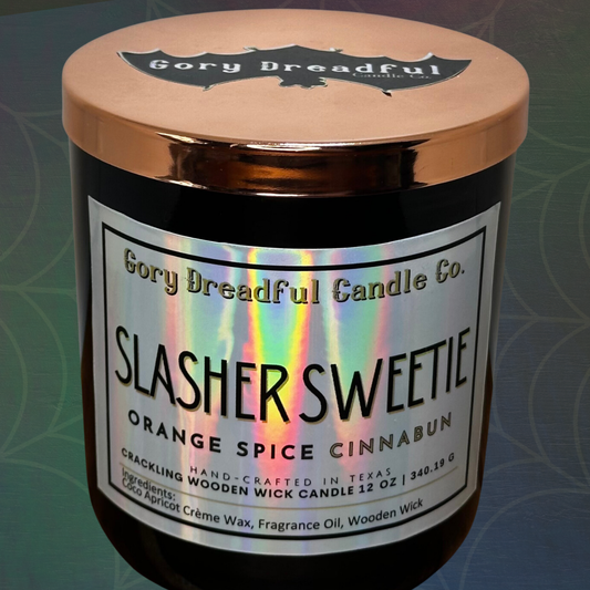 Slasher Sweetie Crackling Wooden Wick Candle: Orange Spice Cinnabun Scent