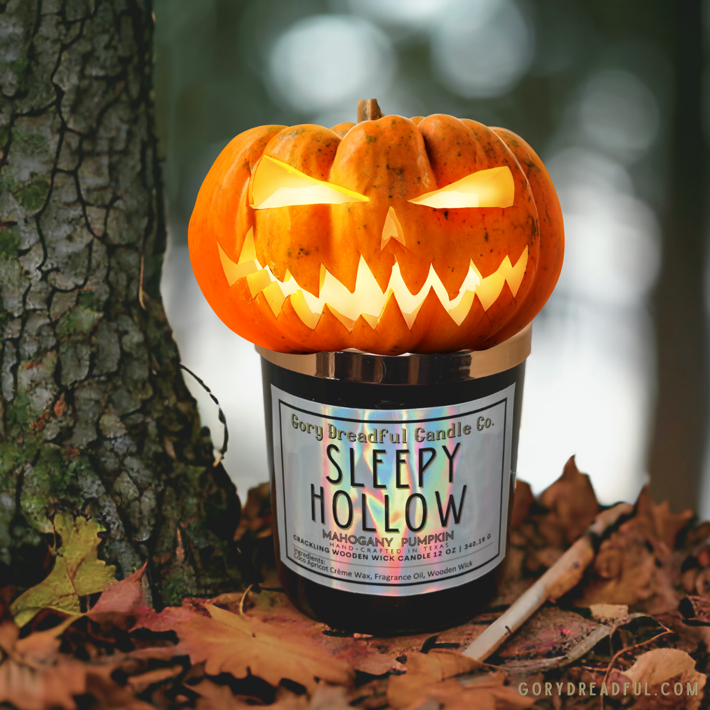 Sleepy Hollow Crackling Wooden Wick Candle: Mahogany Pumpkin Scent