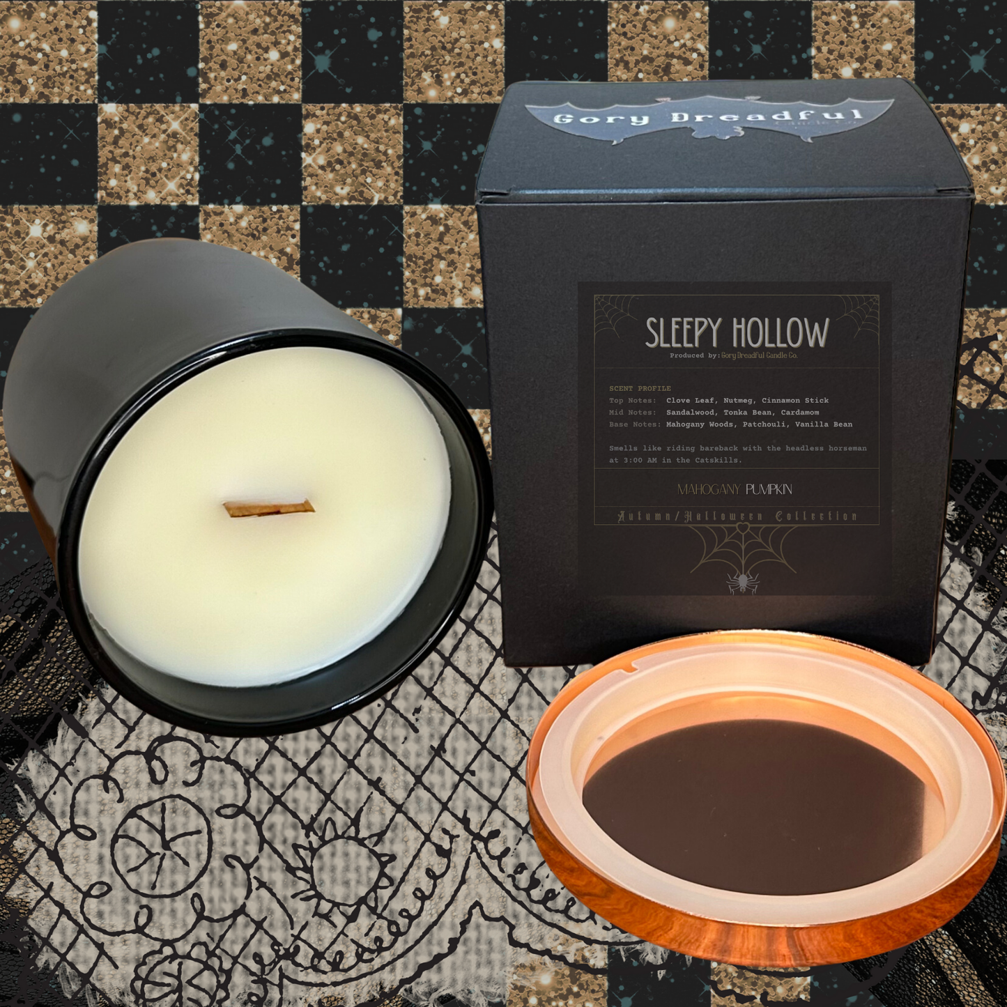 Sleepy Hollow Crackling Wooden Wick Candle: Mahogany Pumpkin Scent