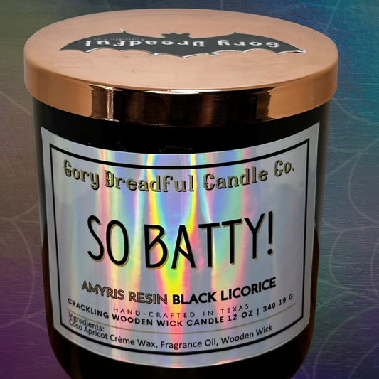 So Batty! Crackling Wooden Wick Candle: Amyris Resin Black Licorice Scent