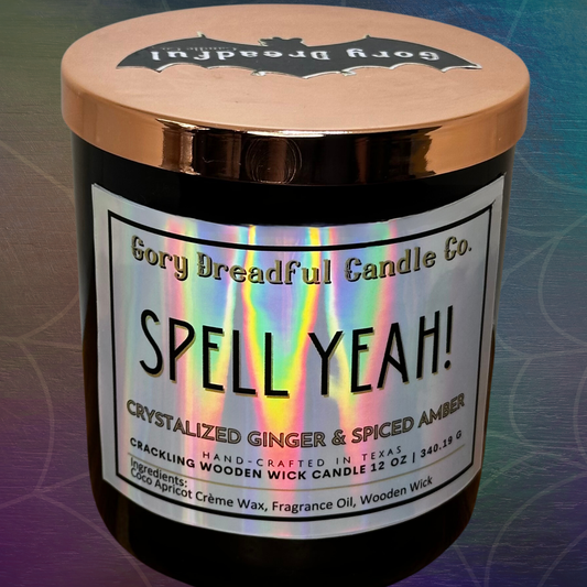 Spell Yeah! Crackling Wooden Wick Candle: Crystallized Ginger & Spiced Amber Scent