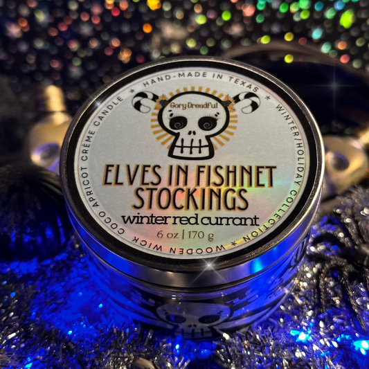 Elves in Fishnet Stockings Luxury Crackling Wooden Wick Candle Tin: Winter Red Currant Musk