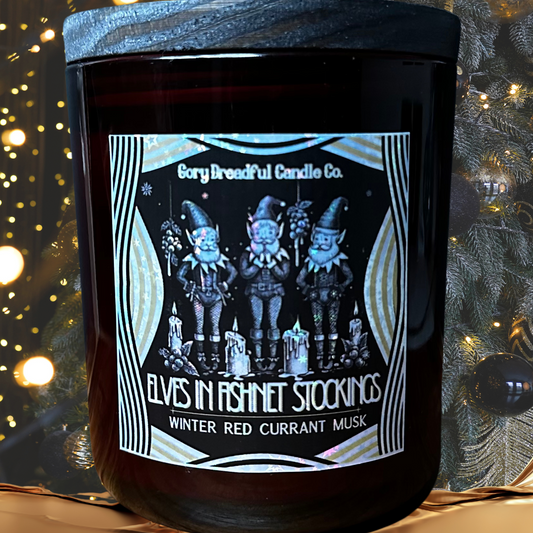 Elves in Fishnet Stockings Luxury Crackling Wooden Wick Candle: Winter Red Currant Musk