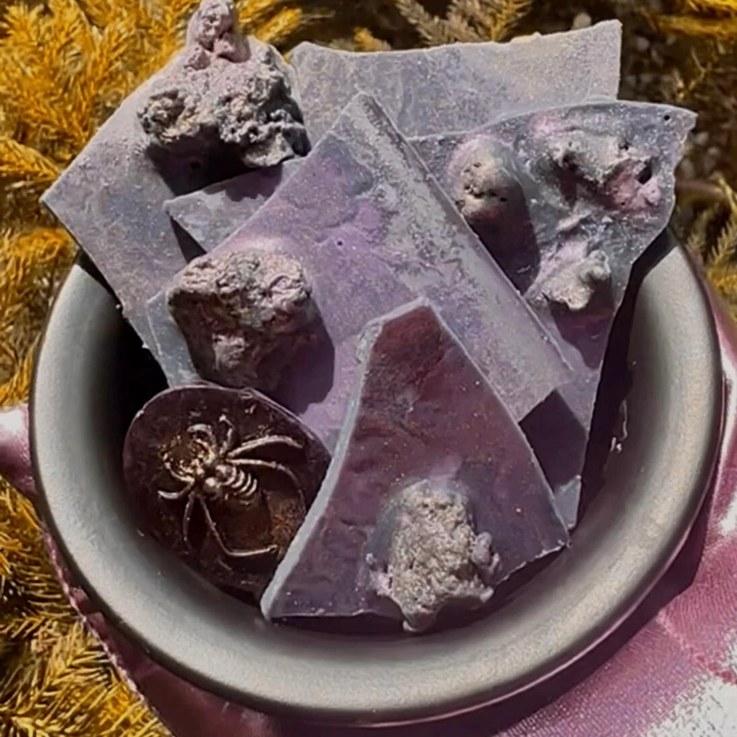 Plum Spooky Wax Melt Brittle: Plum Cinnamon Patchouli Leaf Cashmere Woods Scent