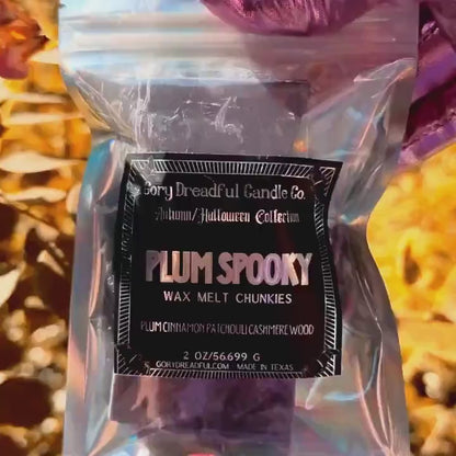 Plum Spooky Wax Melt Brittle: Plum Cinnamon Patchouli Leaf Cashmere Woods Scent